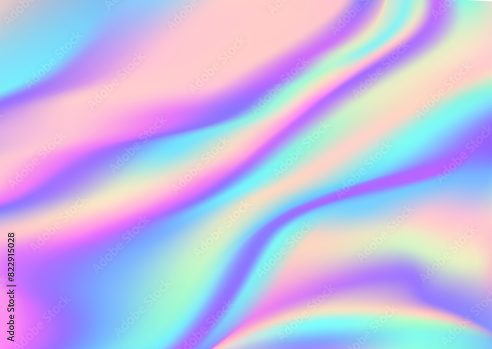 Obraz premium Holographic foil background with ethereal, fluid swirls and iridescent pastel blue, purple and pink colors in dreamlike, abstract hologram pattern. Vector vibrant rainbow undulating streaks and curves