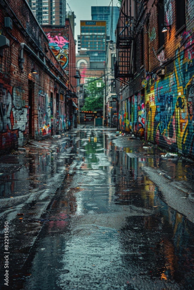 Fototapeta premium A vibrant, graffiti-covered alley in an urban area, featuring wet pavement reflecting city lights and a moody, overcast sky.