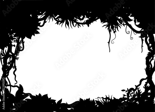 Tropical jungle liana silhouette frame of ivy vine or creeper plant, vector background. Jungle forest or rainforest frame of hanging liana with leaves, climbing roots and vine tendrils silhouettes
