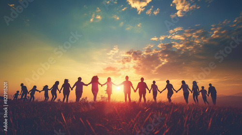 Internationaler Tag der Freundschaft am 30. Juli Menschen in einer Reihe viele Personen Hand in Hand als Silhouette vorm Sonnenuntergang Weltkarte im Hintergrund Generative AI photo
