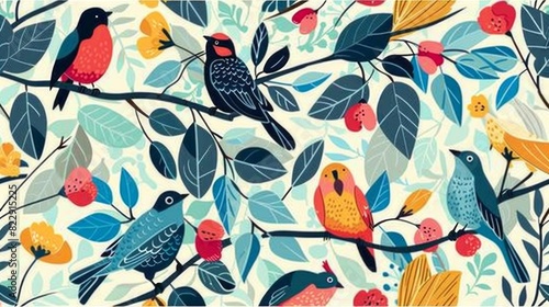 Floral and Leaf Pattern with Birds Seamless. Beautiful background, Abstract pattern background.