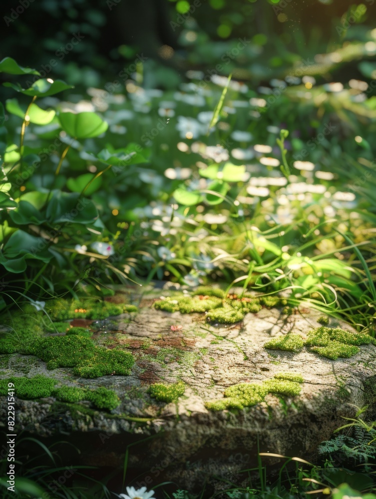 Extreme close-up of a flat mossy round stone slab in bright sunlight, surrounded by plants and small flowers in a spring forest. Green color theme in a C4D rendering.
Extreme close-up of a flat mossy round stone slab in bright sunlight, surrounded by plants and small flowers in a spring forest. Green color theme in a C4D rendering.