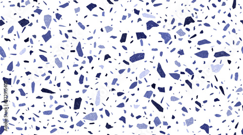Grunge blue terrazzo seamless pattern. Vector terazzo ornament  flooring tile or speckled textured concrete surface  featuring scattered irregular shapes and fragments in shades of azure and grey