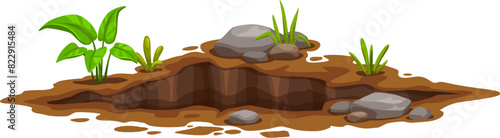 Ground hole, deep dirty pit and burrow. Isolated cartoon vector piece of earth, natural ground gap surrounded by lush green sprouts and stones, wilderness setting for game or environmental themes
