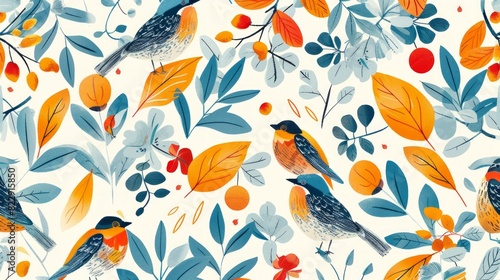 Floral and Leaf Pattern with Birds Seamless. Beautiful background  Abstract pattern background.