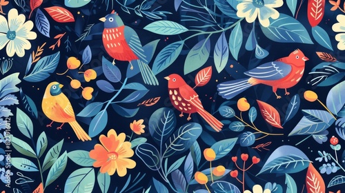 Floral and Leaf Pattern with Birds Seamless. Beautiful background, Abstract pattern background. © Mentari