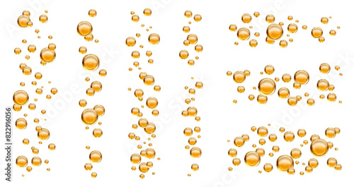 Yellow liquid oil bubbles of collagen and cosmetic serum droplets, realistic vector. Golden oil drop bubbles of collagen or olive and sunflower oil, sweet honey and gold essence floating droplets