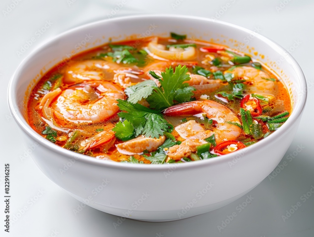 A bowl of spicy shrimp soup garnished with herbs, showcasing a vibrant and flavorful Asian dish in a white bowl.