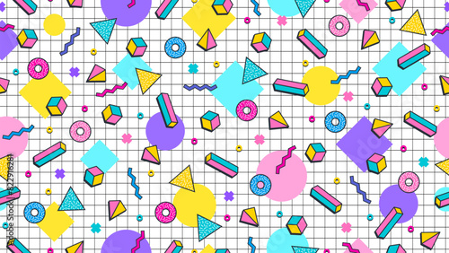 80s 90s memphis pattern with abstract graphic elements. Vector seamless background of modern line shape grid and trendy simple geometric ornament of color squares, triangles, dots and zig zags shapes