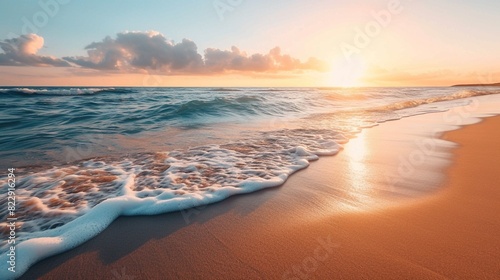 Serene Sunrise at Coastal Beach, A Tranquil Morning Seascape. Generative AI
