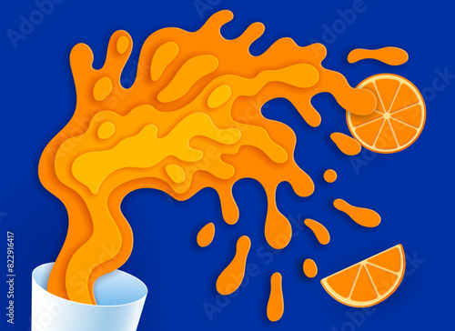Paper cut orange juice splash. 3d vector dynamic and colorful papercut of citrus juicy fruit splashing out of glass with fresh orange slices in motion, summer freshness and energy in tropical beverage