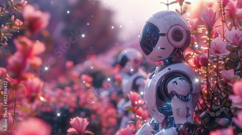 Futuristic robots in a serene garden filled with blooming flowers, blending technology with nature under soft, enchanting lights.