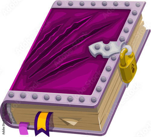 Game book, isolated cartoon vector ornate, mystical grimoire with a vibrant purple cover with talon rips, secured with a silver lock and detailed with metallic studs, book with secrets or magic spells