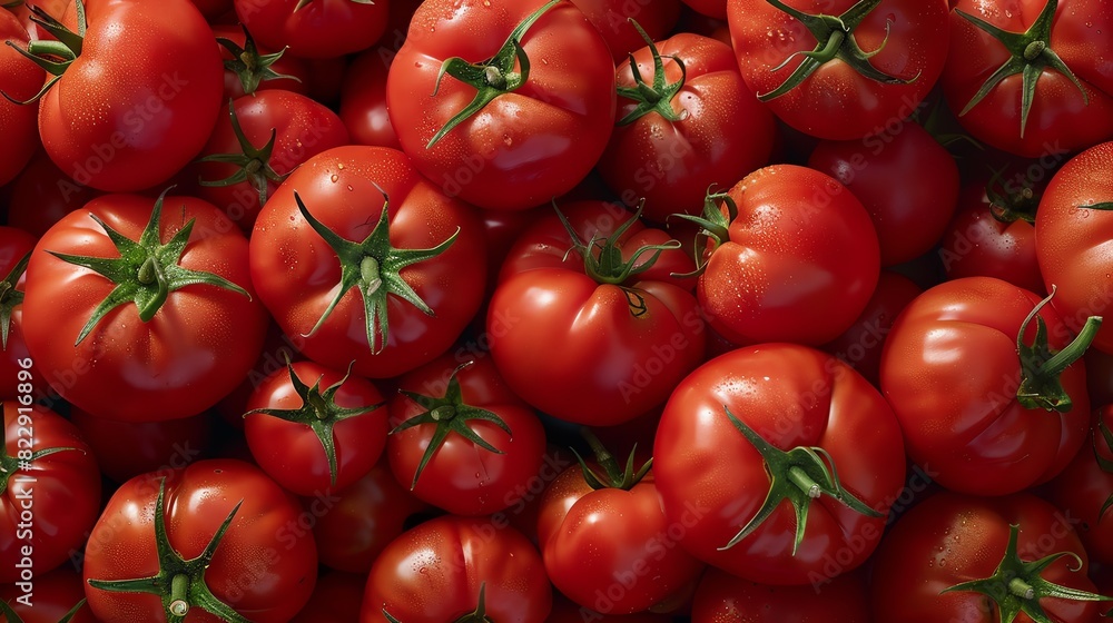 Craft a photorealistic image showcasing plump, juicy tomatoes as seen from above, with intricate details, ideal for enhancing product visuals Craft a photorealistic image showcasing plump, juicy tomatoes as seen from above, with intricate details, ideal for enhancing product visuals