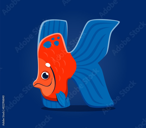 Sea animal or underwater font, letter K as cartoon tropical fish character, vector ABC type. Sea animals font or ocean underwater alphabet of funny exotic fish in letter K for undersea typography