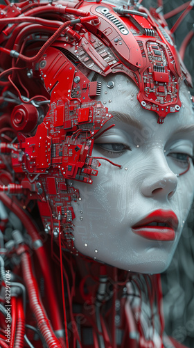 Woman with electronic red microchips and wires on her head  symbolizing the fusion of cyber technology and future robotics.
