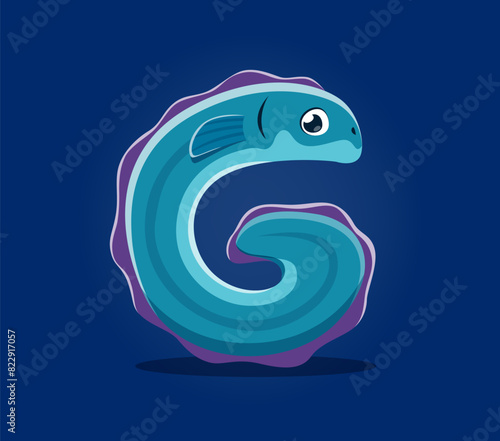 Sea animal in underwater font, letter G as fish or funny sea eel, cartoon vector alphabet. Sea animals font with aquatic character in letter G, tropical sea eel or ocean conger for marine ABC type
