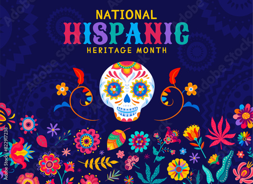 Calavera sugar skull and tropical flowers on national Hispanic heritage month, vector banner. Latin America Hispanic heritage festival background with skull on ethnic Mexican floral pattern ornament