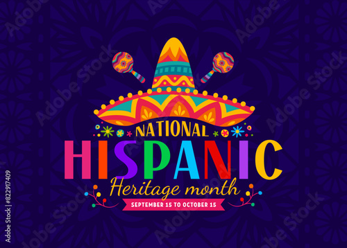 Sombrero hat and maracas for national Hispanic heritage month holiday, vector banner. Hispanic Americans and ethnic Latin national day of culture and art with sombrero and maracas background