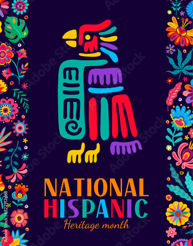 Aztec eagle bird totem for national Hispanic heritage month, vector holiday banner. Latin America ethnic ornament background for traditional Hispanic heritage month of art, culture and tradition