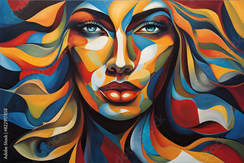 Abstract Painting of Beautiful woman with beautiful color harmony. Impressionist painting style. Abstract cubist style painting. International Women's Day