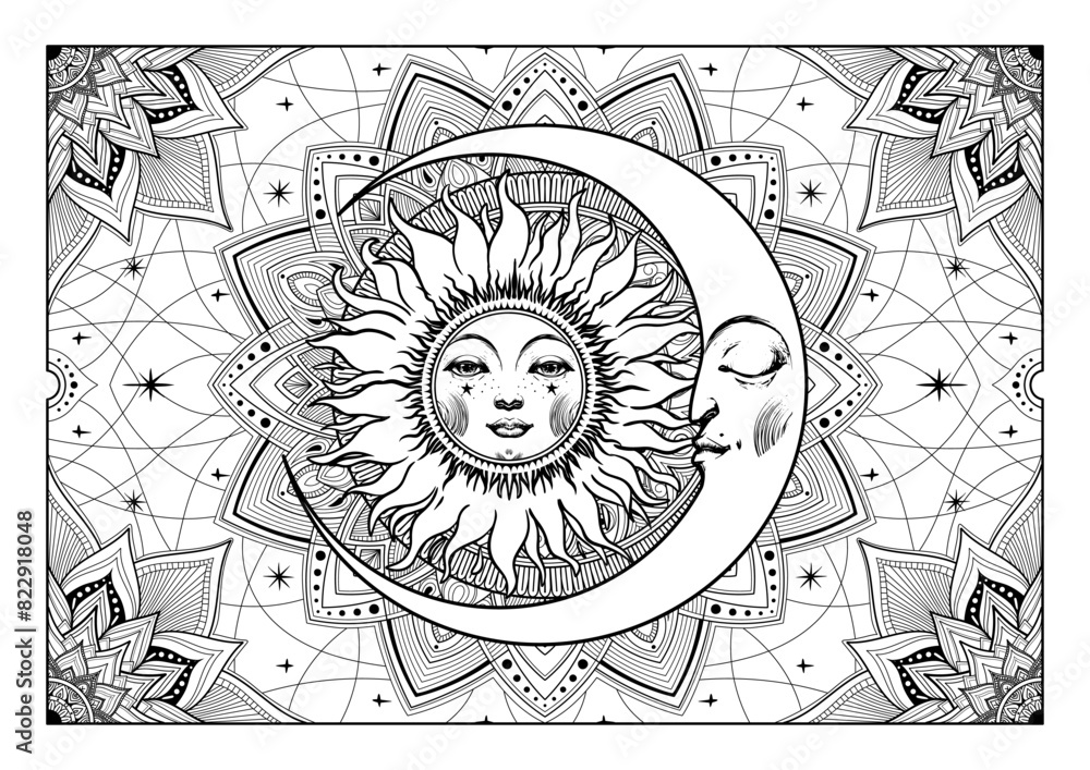 Beautiful celestial coloring book for adults, mandala with sun and moon ornate, vector horoscope banner, print for vintage decor. Modern illustration.