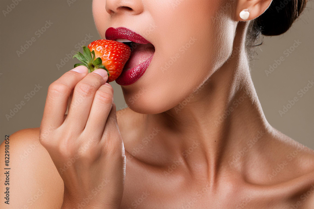 Woman eating a fresh strawberry. Mouth close up Woman eating a fresh strawberry. Mouth close up