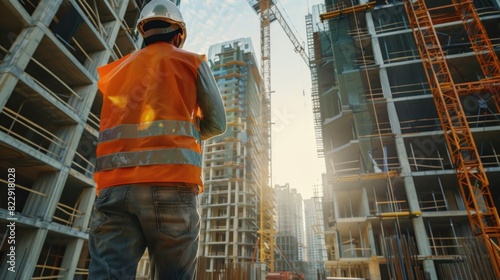A construction worker in an orange vest stands in front of a building. The scene is set in a city with tall buildings in the background