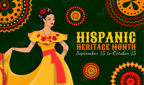 Ornament patterns and dancing woman of national Hispanic heritage month holiday, vector banner. Latin America traditional Hispanic heritage month of ethnic culture, traditions and handicraft art