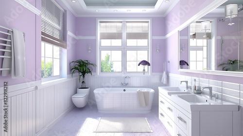 Modern bathroom with soft lavender walls, white cabinetry, and subtle silver decor accents