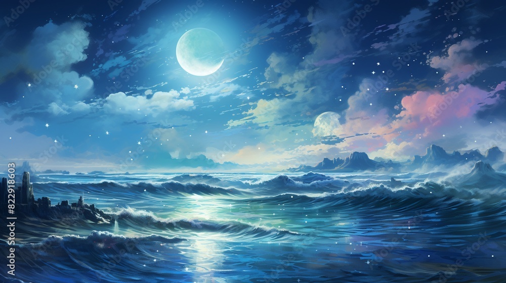 Celestial scene of a dreamy world, where stars sparkle over a serene ocean painted in delicate watercolor hues Celestial scene of a dreamy world, where stars sparkle over a serene ocean painted in delicate watercolor hues
