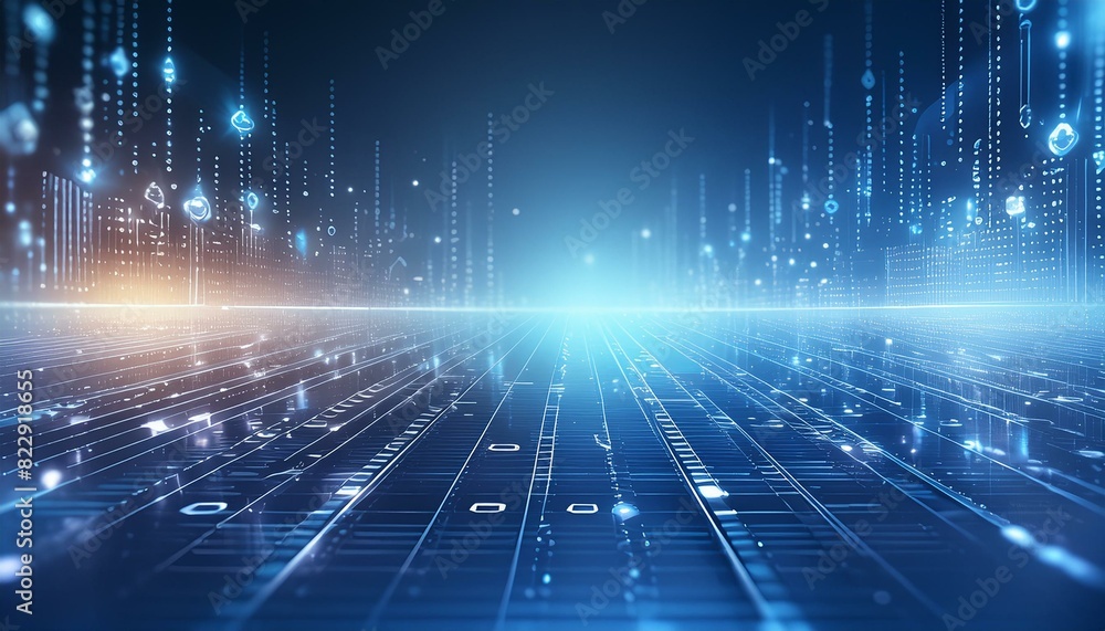high-tech digital landscape featuring silver binary code over a gradient blue background high-tech digital landscape featuring silver binary code over a gradient blue background