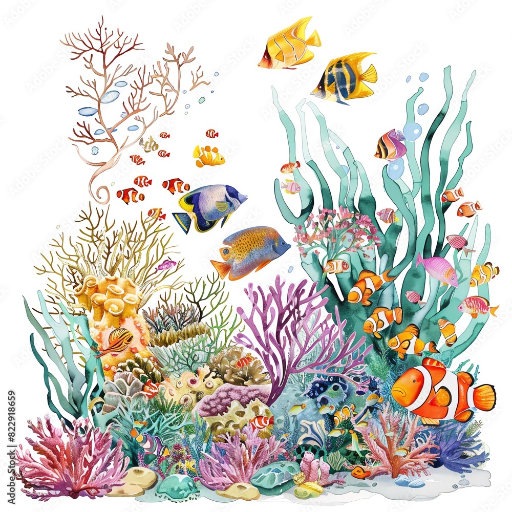 Watercolor underwater reef with vibrant coral and fish, colorful and lively, wideangle view