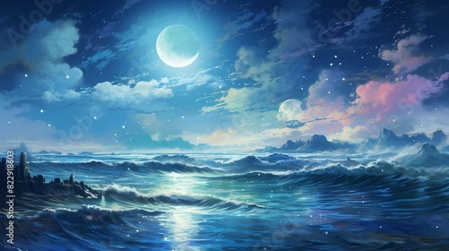 Celestial scene of a dreamy world  where stars sparkle over a serene ocean painted in delicate watercolor hues