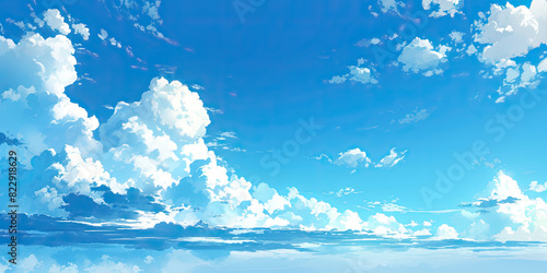 Anime beautiful blue sky, white clouds sky background, wide landscape backdrop cartoon style, generated ai