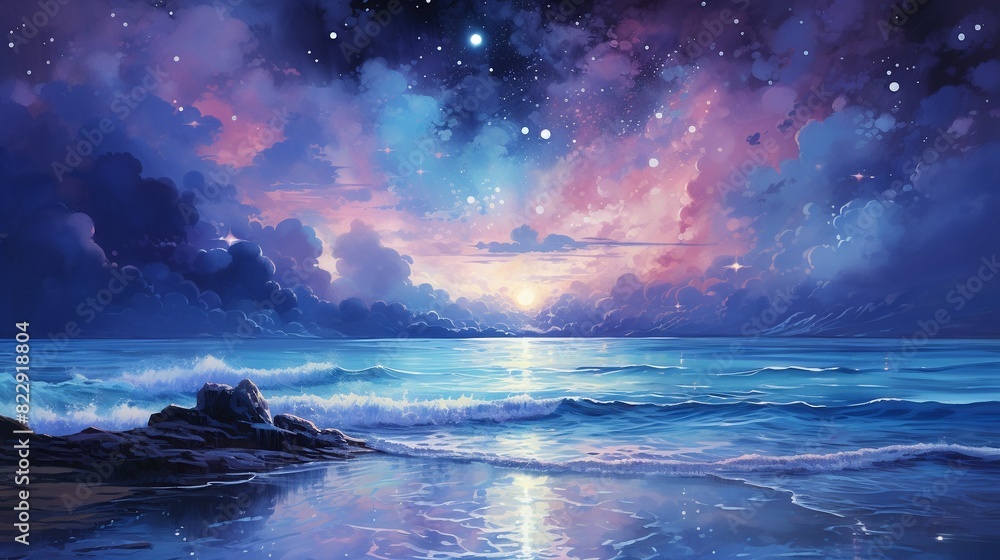 Nighttime beach with bioluminescent waves, starfilled sky, soft watercolor blending, serene and magical