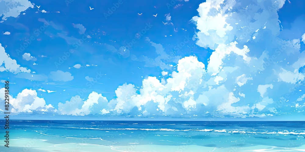 Fototapeta premium Cartoon anime style ocean sea graphic resource illustration calm waters blue skies background, generated ai