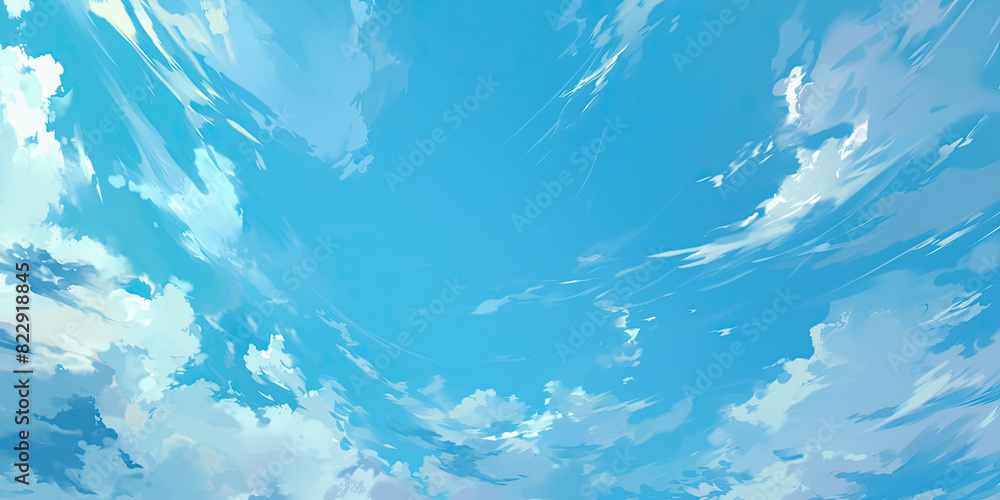 Obraz premium Anime beautiful blue sky, white clouds sky background, wide landscape backdrop cartoon style, generated ai
