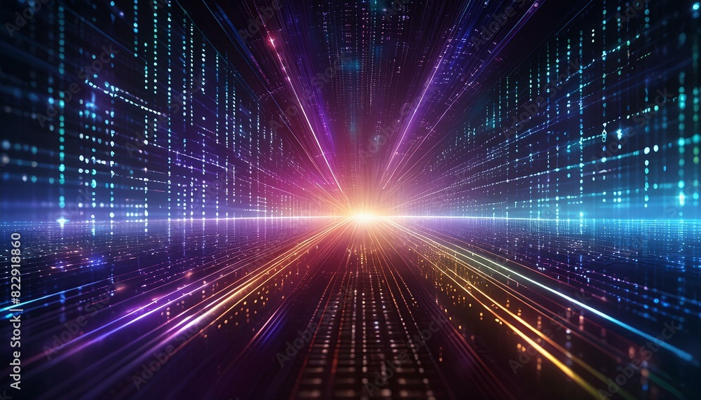 An energetic backdrop of multicolored binary code over a dark purple background An energetic backdrop of multicolored binary code over a dark purple background