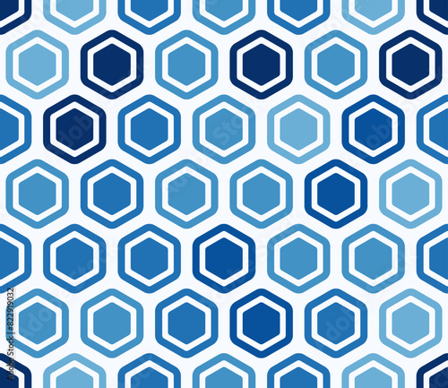 Honeycomb hexagons background. Bold rounded hexagon cells with padding and inner solid cells. Blue color tones. Large hexagon shapes. Seamless pattern. Tileable vector illustration.
