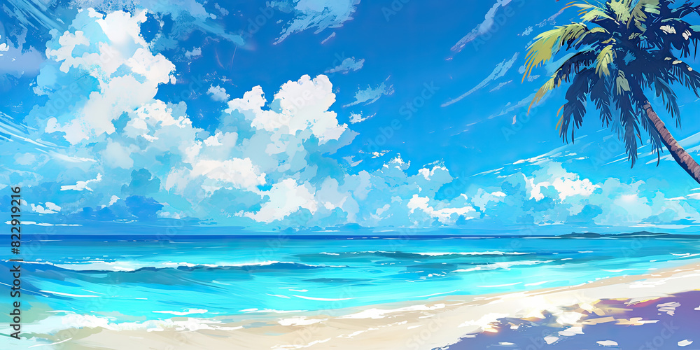 Fototapeta premium Beach paradise tropical sands and sea background banner anime cartoon style, generated ai
