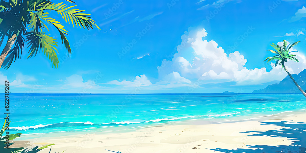 Fototapeta premium Beach paradise tropical sands and sea background banner anime cartoon style, generated ai