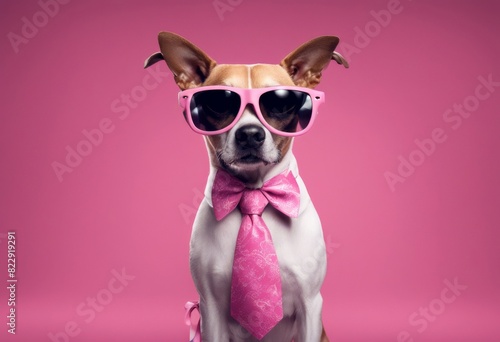 dress side wearing looking animal pink space jacket wide supermodel funky banner posing cool glasses stylish dog fashion text with tie right