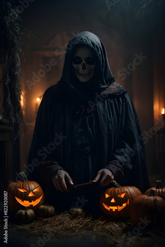 Halloween scary black ghost in a dark room, creepy and macabre halloween ghost poster with glowing pumpkins