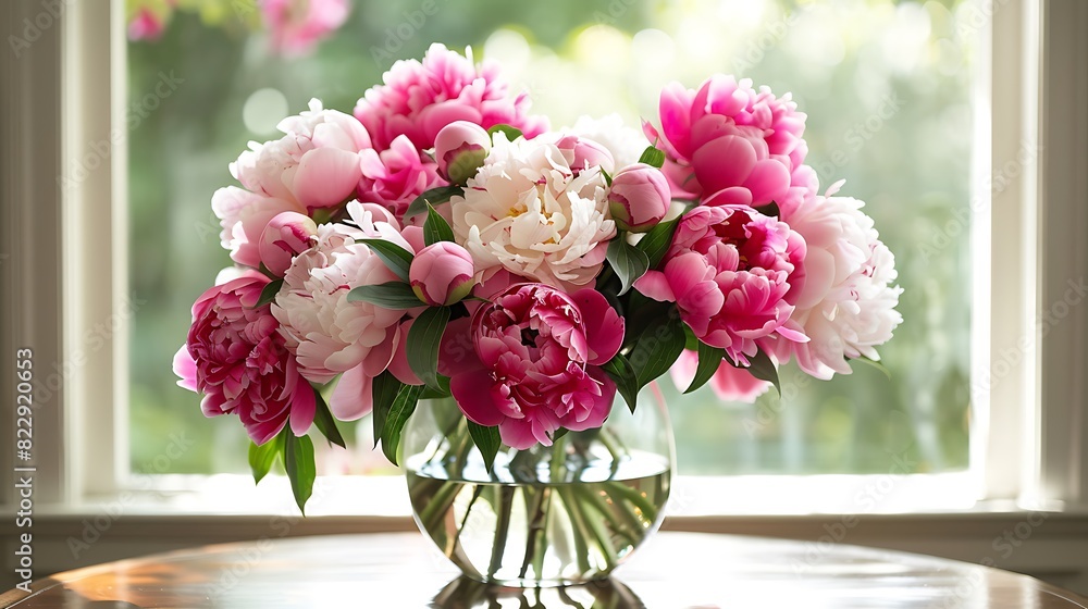 Beautiful peony bouquet in vase on table indoors