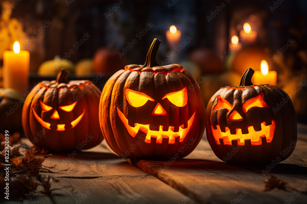 Three carved pumpkins with glowing eyes on table with candles. Three carved pumpkins with glowing eyes on table with candles.
