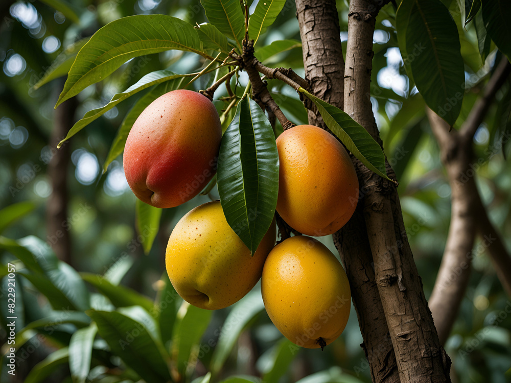 four mangos on the tree