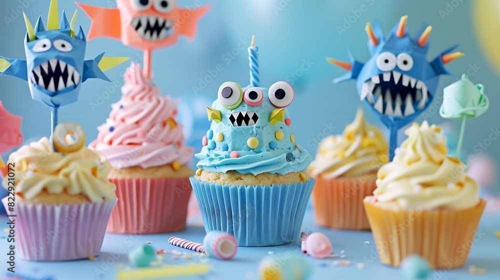Birthday cupcake with funny handmade paper monsters Birthday cupcake with funny handmade paper monsters