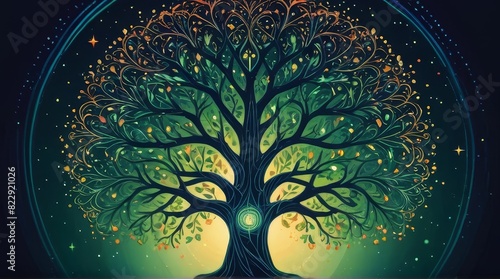 Radiant Reverie: Illuminated Tree of Wisdom in Bold Cel-Shaded Splendor photo