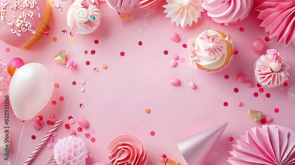 Birthday party background on pink Top view Birthday party background on pink Top view